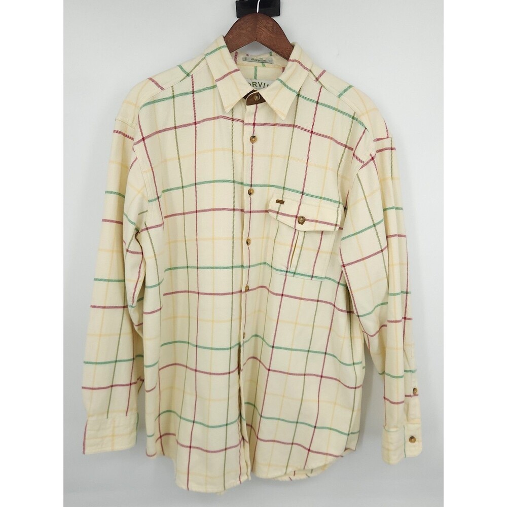 Orvis Sporting Traditions Mens Large L Perfect Flannel Plaid Shirt Cream Cotton